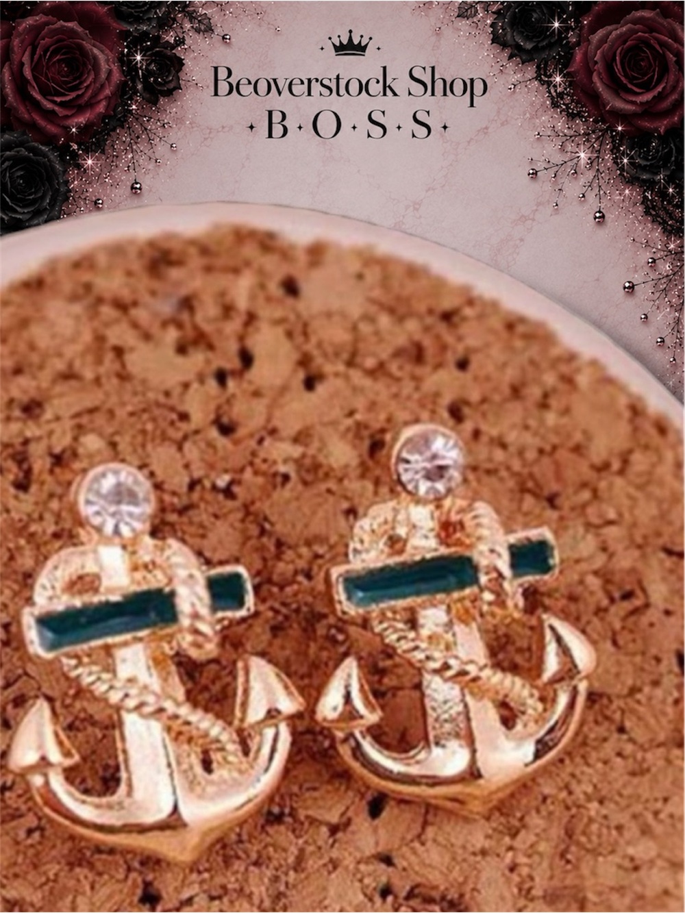 New Nautical Beach Sea Anchor Gold Tone Alloy Crystal Stud Earrings